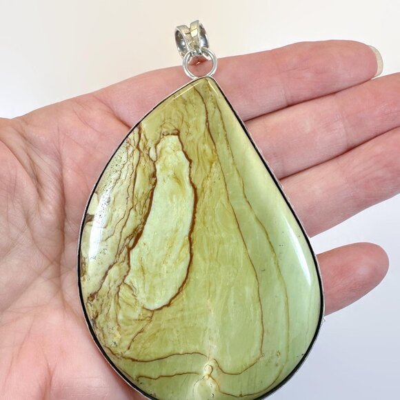 Jasper Pendant, Massive, Moss Green, Rusty Browns, Sterling Silver, Statement - Picture 1 of 5